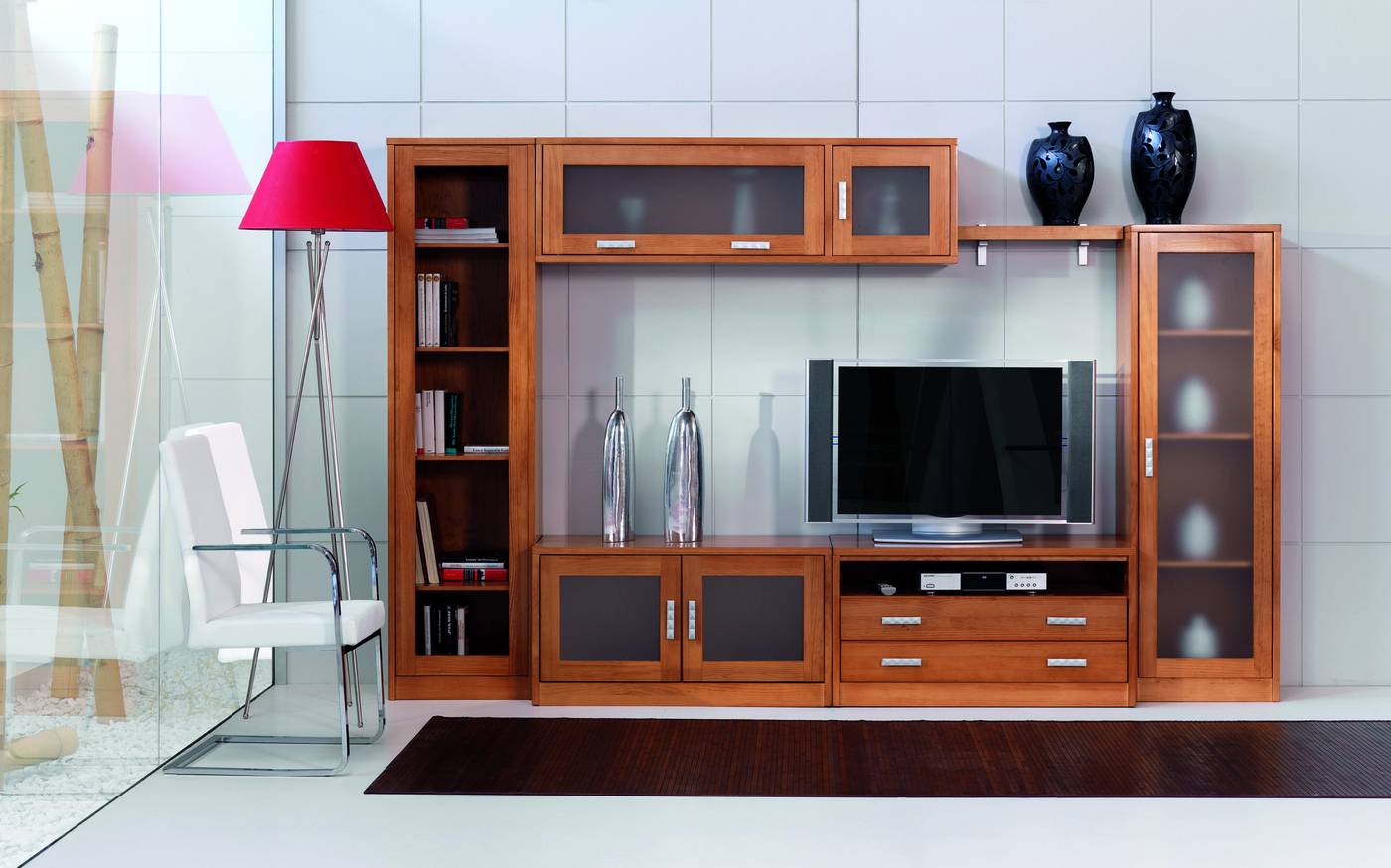 Composición de madera de pino: librero + módulo bar + módulo bajo + módulo TV + estante + vitrina