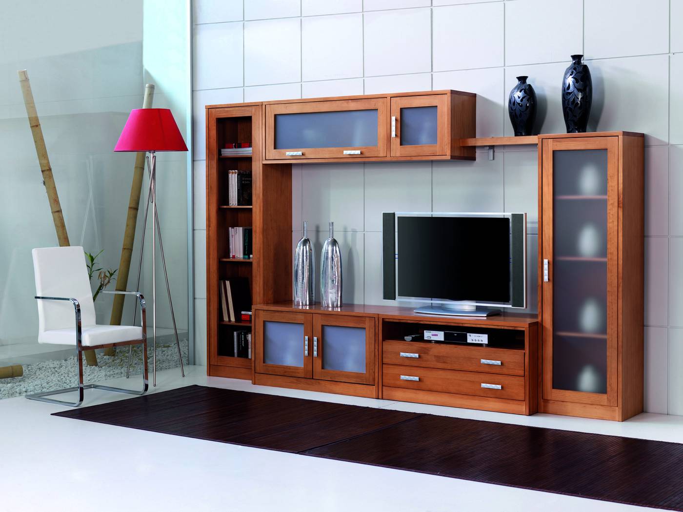 Modular Comedor C-4 - Composición de madera de pino: librero + módulo bar + módulo bajo + módulo TV + estante + vitrina