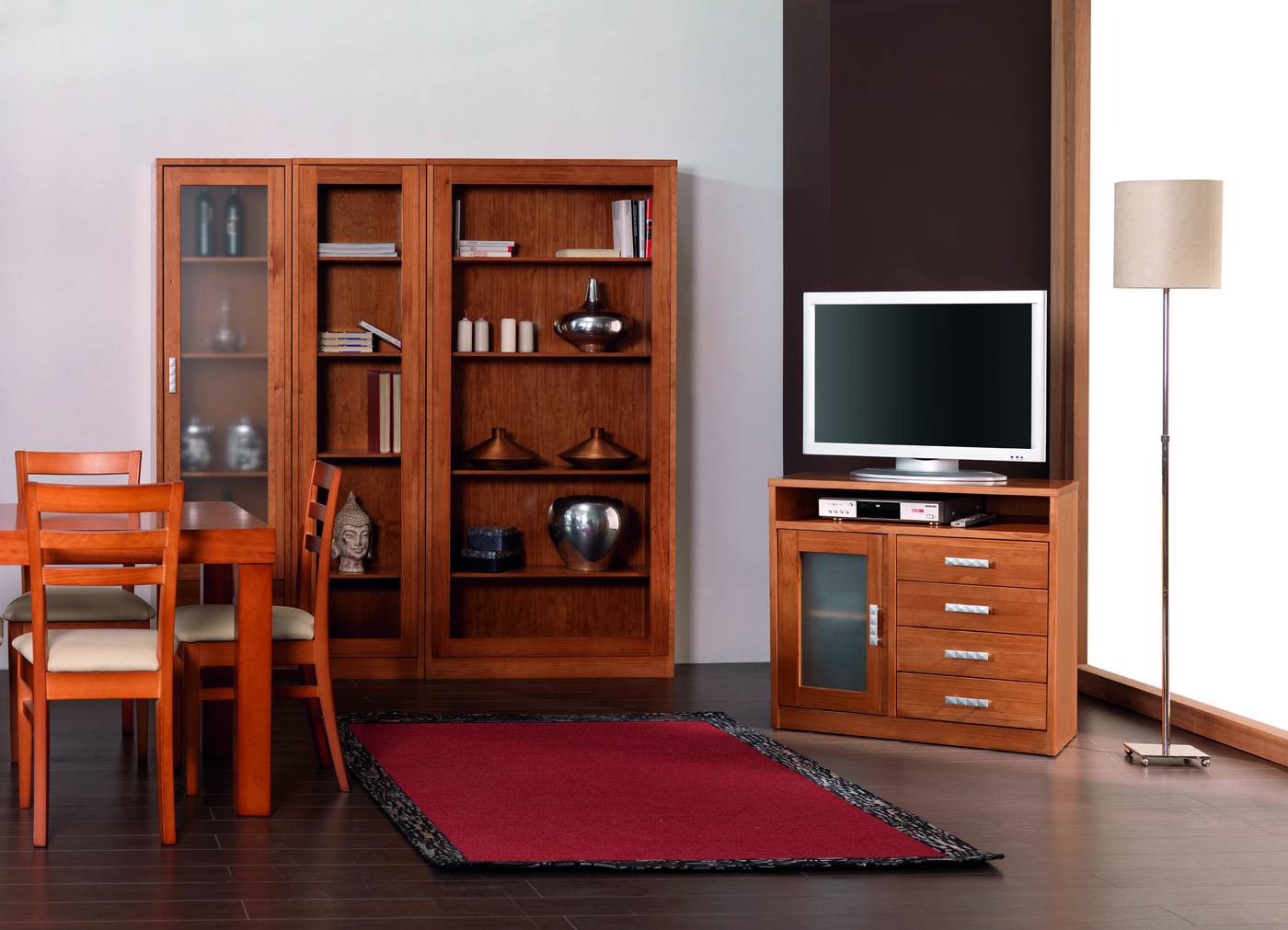 Composición de madera de pino: vitrina + librero 50 cm + librero 95 cm + mesa TV