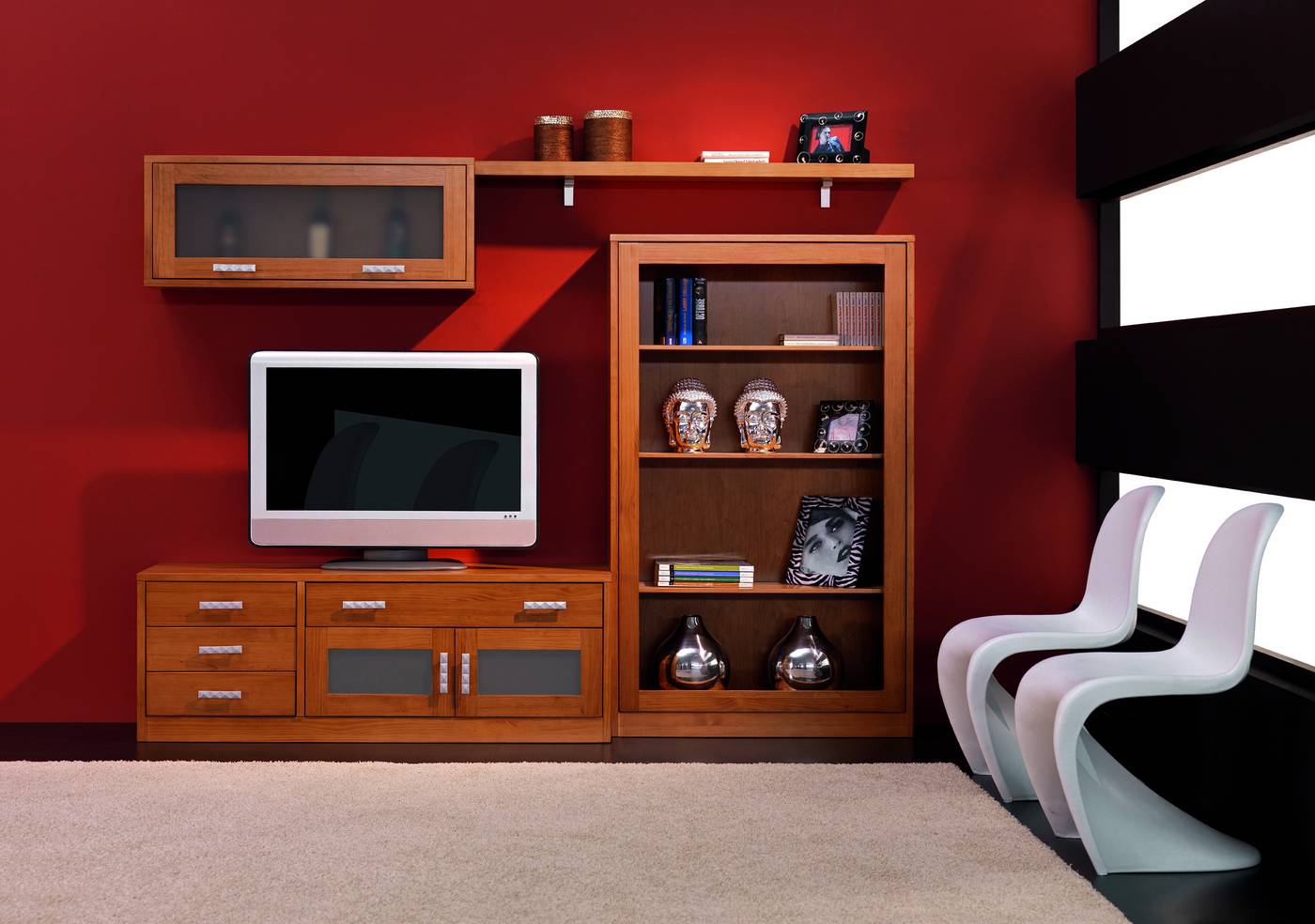 Composición de madera de pino: módulo bar + módulo TV + estante + librero