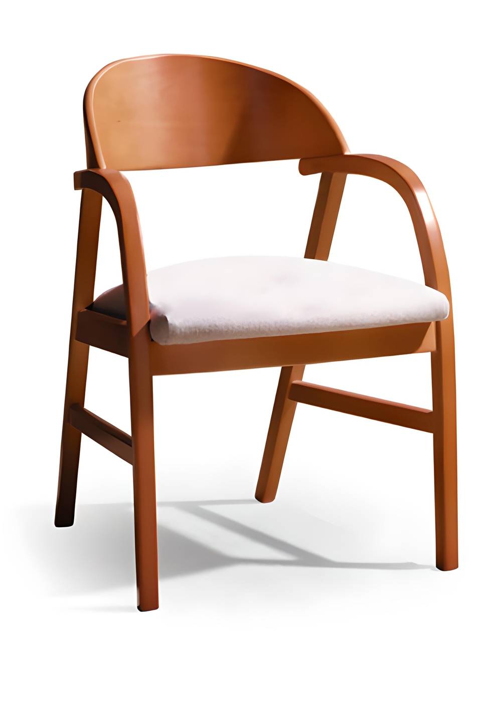 Butaca-sillón de comedor con brazos, de madera de haya maciza. Asiento acolchado tapizado. Disponible en varios colores.