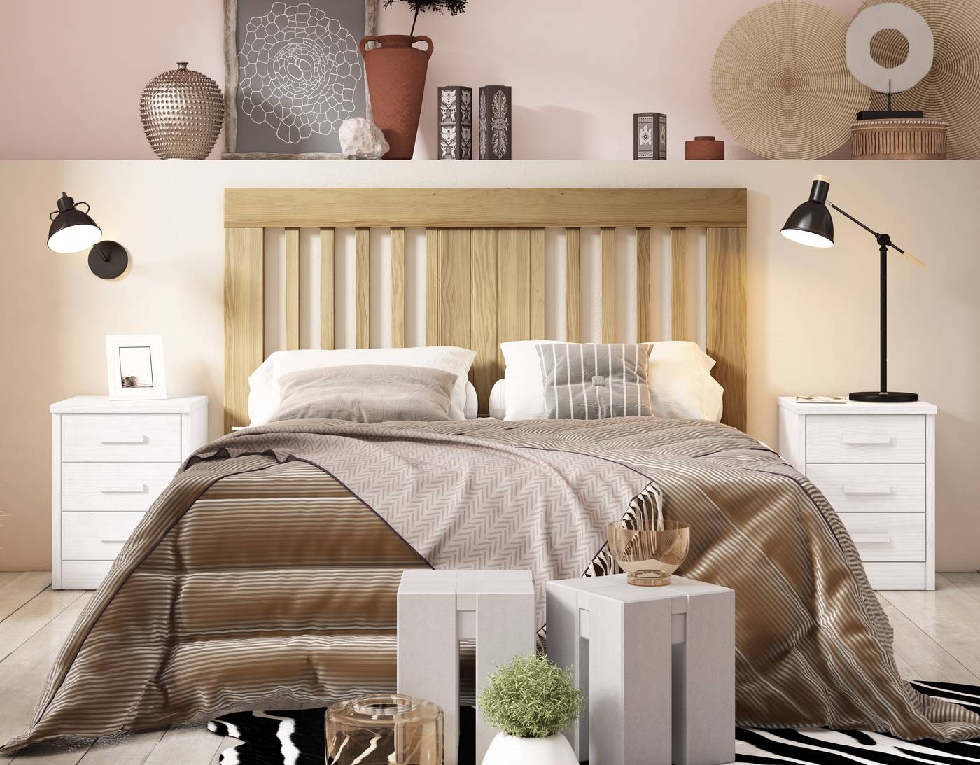 Cabecero de cama de madera maciza, disponible en varias medidas y colores de madera.