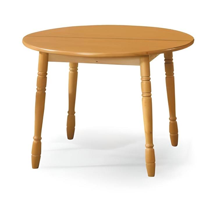 Mesa de comedor redonda extensible, con patas torneadas. Fabricada de madera de pino maciza en varios colores.
