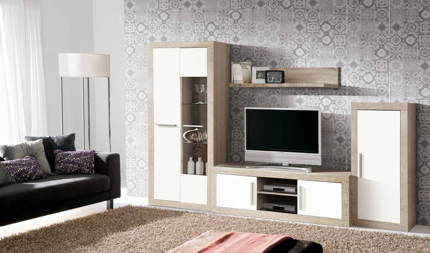 Mesa TV Roble-Blanco - Mesa TV para salón/comedor, color roble claro combinado con blanco