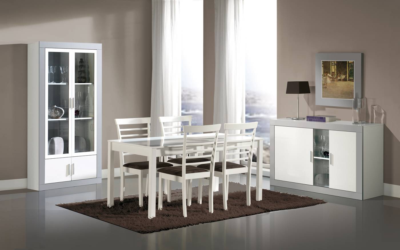 Aparador Blanco-Ceniza/Plata - Aparador para salón/comedor, color blanco combinado con color ceniza o plata