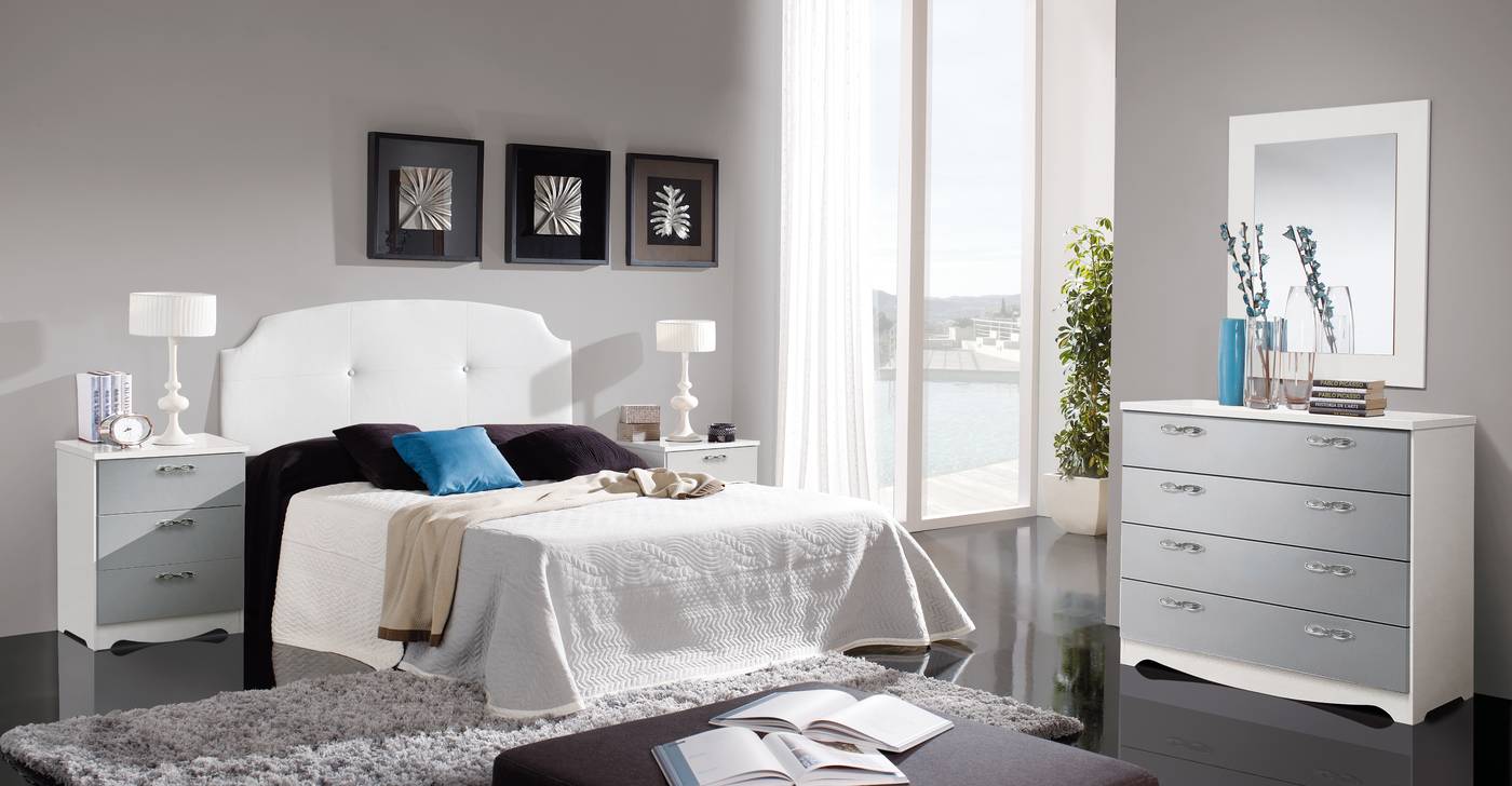 Dormitorio Mat. Plata Piel - Dormitorio de matrimonio color blanco combinado con plata, con cabecero de polipiel blanco
