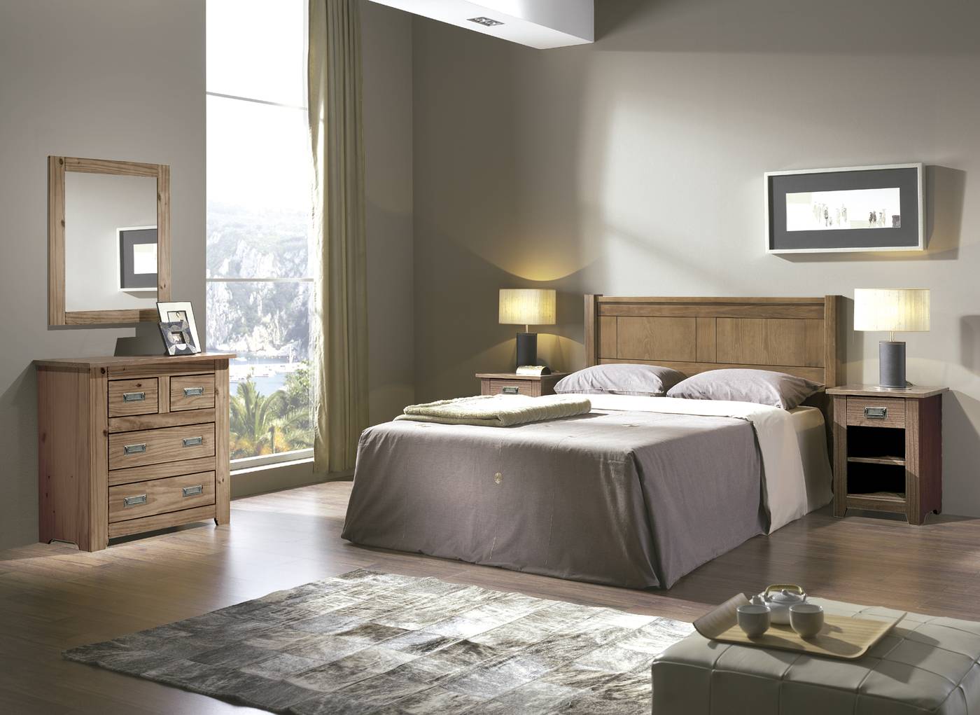 Dormitorio de matrimonio de madera maciza: cabezal + 2 mesitas color nogal