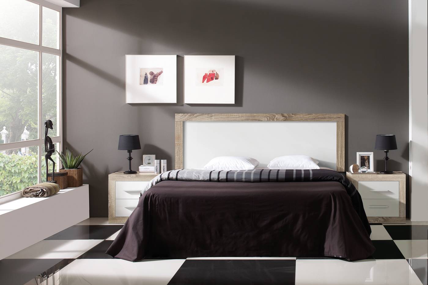 Dormitorio de matrimonio color roble danés combiando con blanco