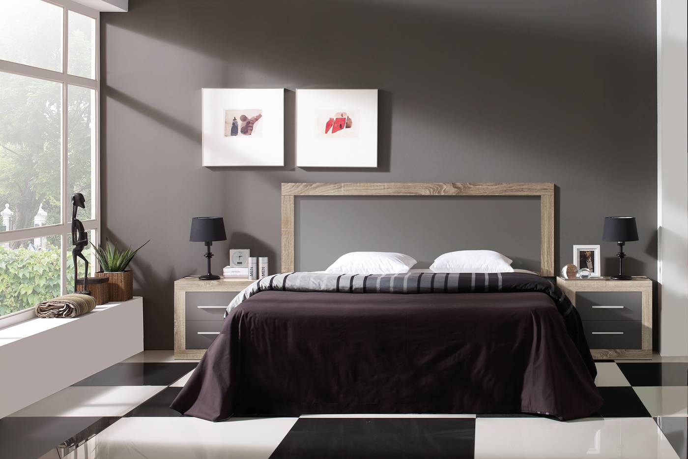 Dormitorio de matrimonio color roble danés combiando con pizarra