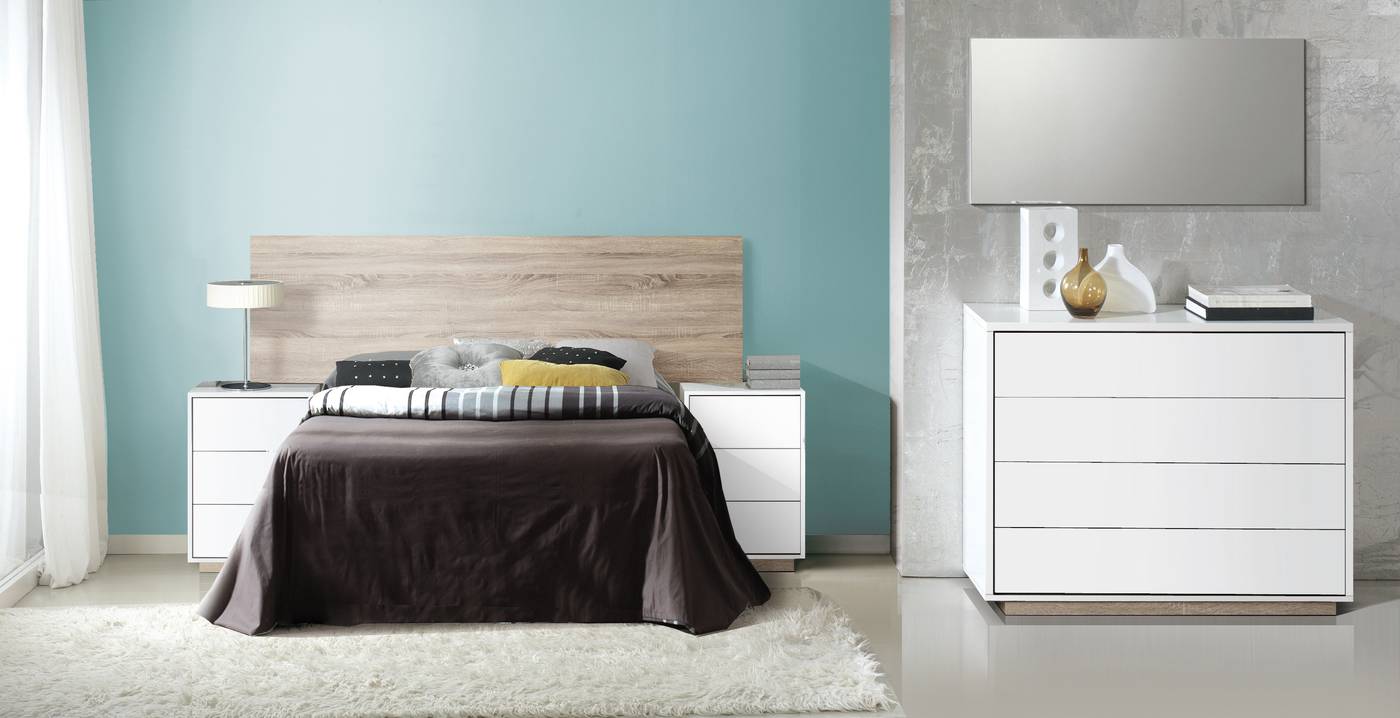 Dormitorio Top Roble-Blanco - Dormitorio de matrimonio: cabecero color roble + 2 mesitas 3 cajones color blanco