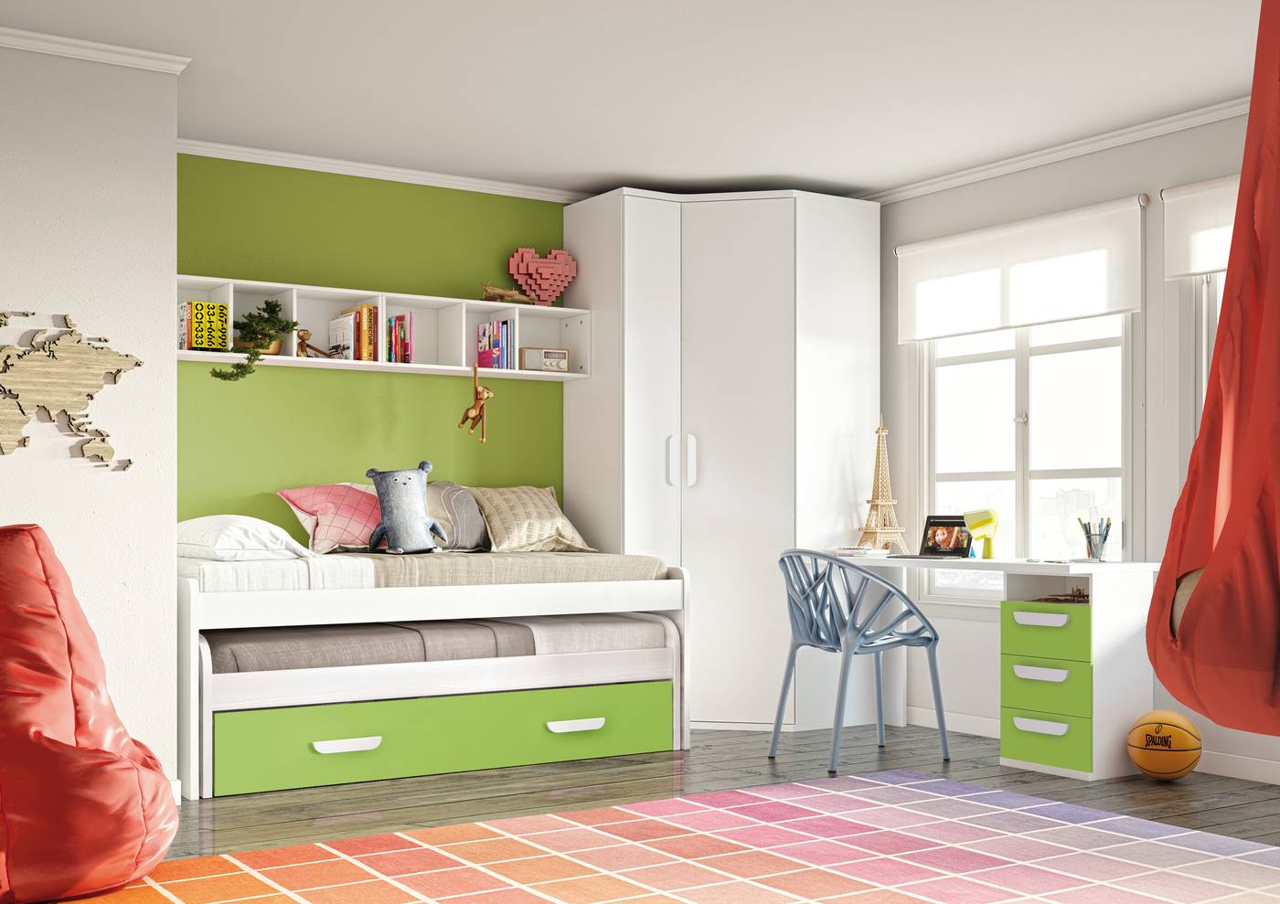 Habitación juvenil formada por cama compacto, 2 estanterías pared, mesa y cajonera.