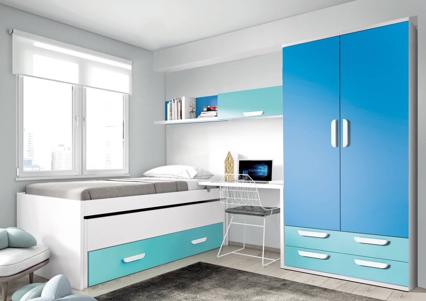 Habitación juvenil formada por cama compacto, mesa, estante y altillo.