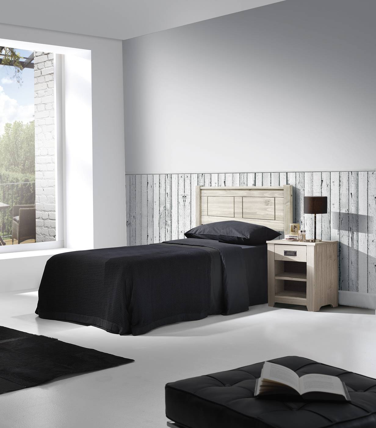 Dormitorio juvenil de madera maciza: cabezal + mesita color blanco lavado