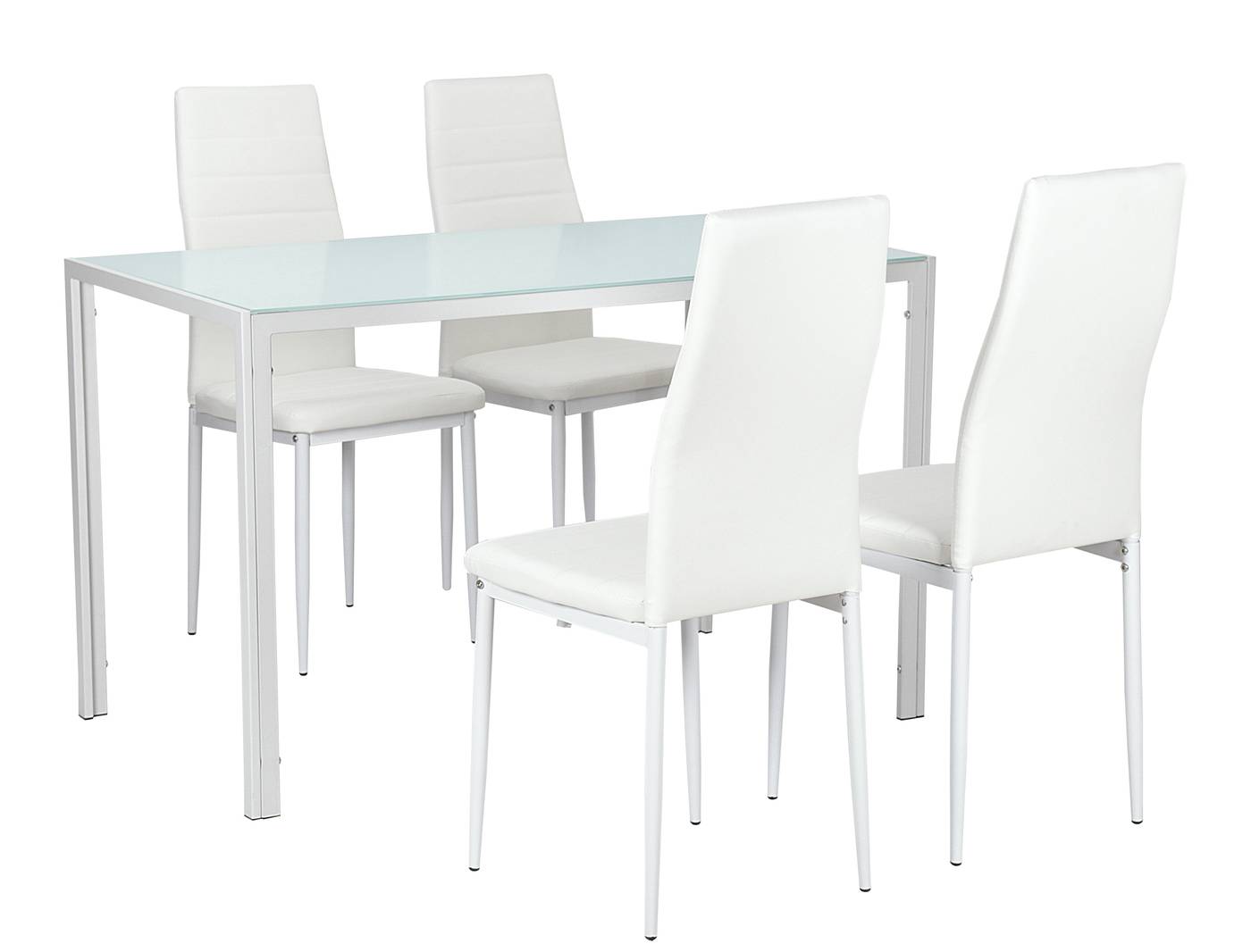 Conjunto de comedor: mesa con tapa de cristal templado + sillas tapizadas en polipiel blanca