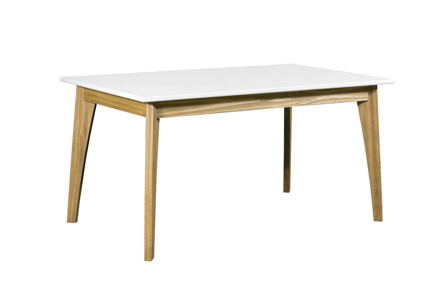 Mesa de comedor de madera maciza, con tablero lacado en blanco y patas en color oak.