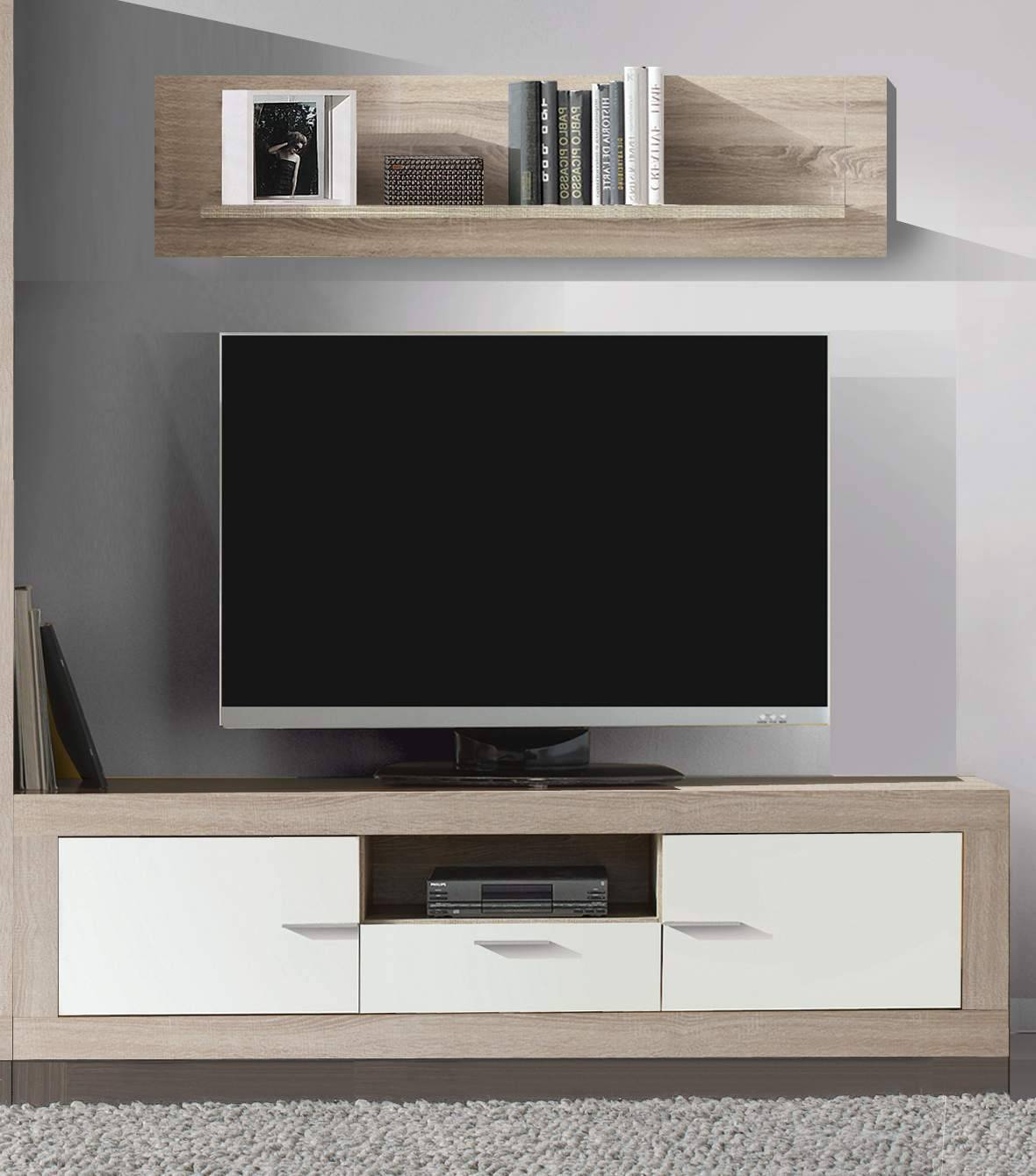 Mesa TV de 180 cm. para salón/comedor, color roble claro combinado con blanco