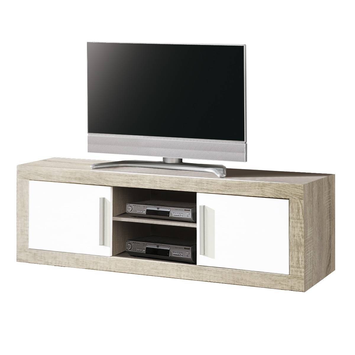 Mesa TV Ancha Roble-Blanco - Mesa TV de 180 cm. para salón/comedor, color roble claro combinado con blanco