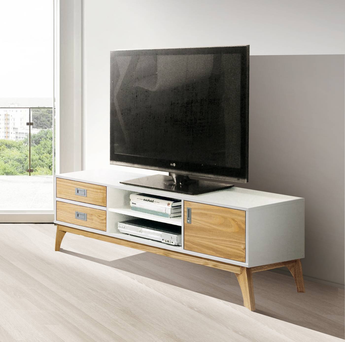 Mesa TV 150 Blanca-Roble - Mesa de TV para salón/comedor lacada en blanco, con puerta, cajones y patas de madera maciza