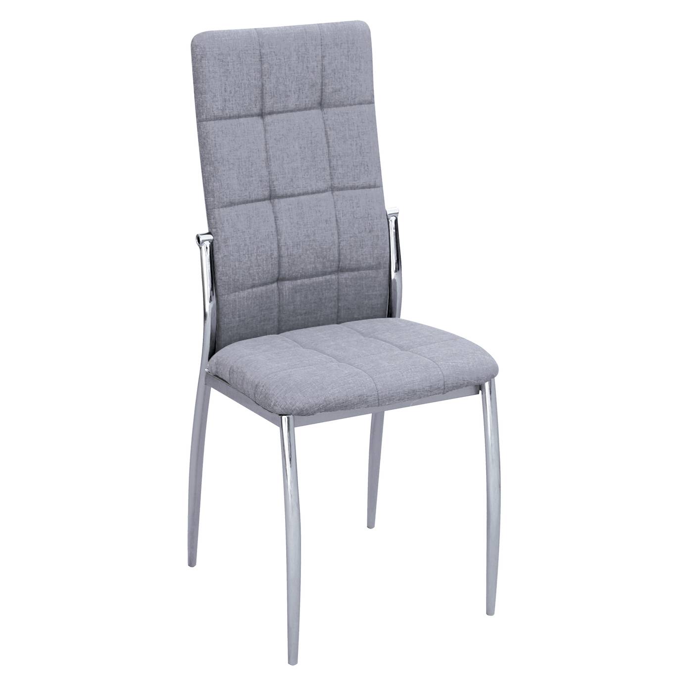 Silla de comedor moderna. Patas metálicas cromadas. Respaldo y asiento tapizado en tela color gris.