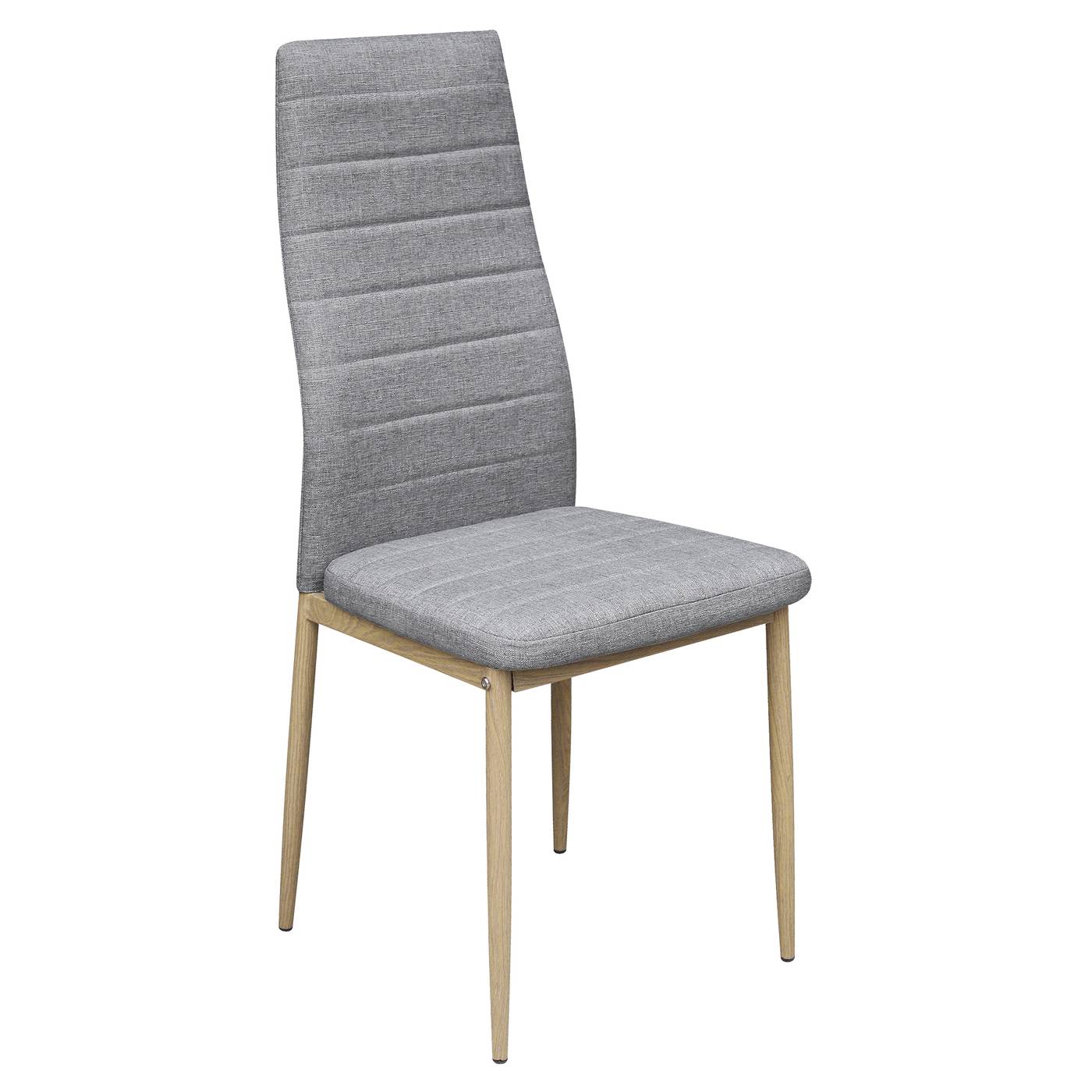 Silla de comedor. Patas de madera color roble. Respaldo y asiento tapizado en tela color gris.