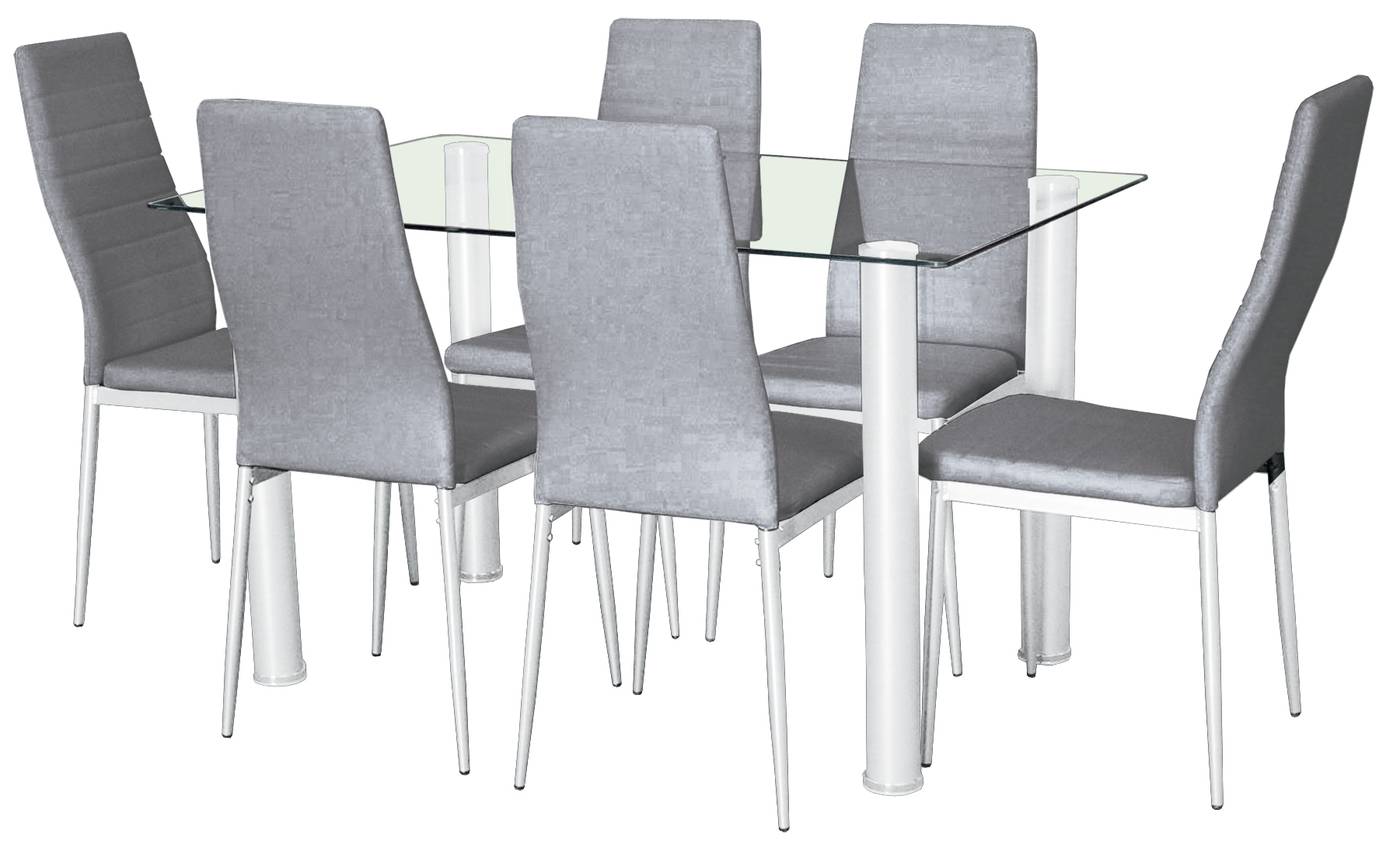 Conjunto comedor: mesa con patas metálicas color blanco y tapa de cristal templado +  6 sillas polipiel gris