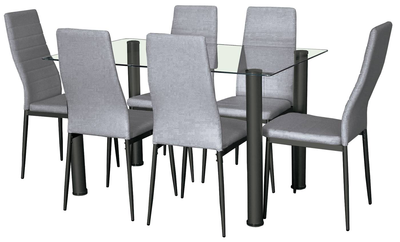 Conjunto comedor: mesa con patas metálicas color negro y tapa de cristal templado +  6 sillas polipiel gris