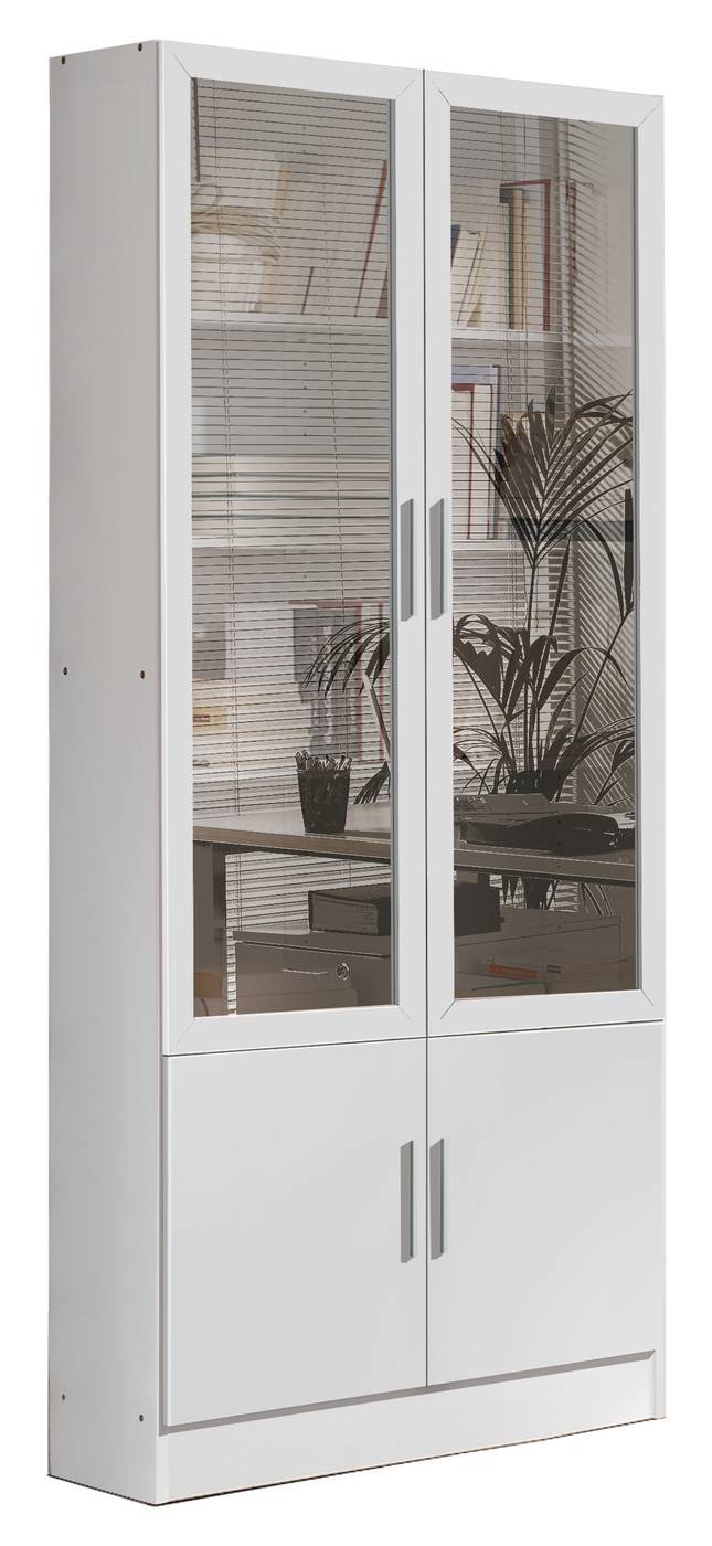 Vitrina de oficina de 4 puertas (puertas superiores de cristal), en color blanco
