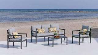 Set Aluminio Luxe Mandalay-8 de Hevea - Conjunto aluminio: 1 sofá de 3 plazas + 2 sillones + 1 mesa de centro + cojines. Estructura aluminio de color blanco o antracita.