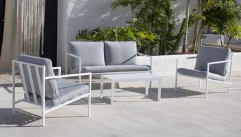 Set Aluminio Capri-7 de Hevea - Conjunto aluminio: sofá 2 plazas + 2 sillones + 1 mesa de centro. Estructura color blanco o antracita.