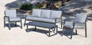 Set Aluminio Aldara-8 de Hevea - Conjunto aluminio y cuerda: 1 sofá de 3 plazas + 2 sillones + 1 mesa de centro + cojines. En color blanco o antracita.