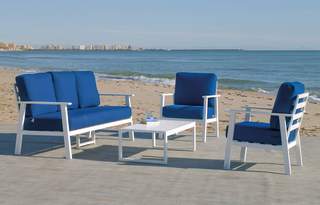 Set Aluminio Eliot-8 de Hevea - Conjunto aluminio: sofá 3 plazas + 2 sillones + mesa de centro. Fabricado de aluminio en color blanco, antracita, champagne, plata o marrón.