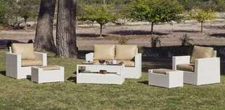 Conjunto Ratán Sint. Tuscan-9 de Hevea - Conjunto de ratán sintético color blanco: sofá 2 plazas + 2 sillones + 2 reposapiés + mesa de centro