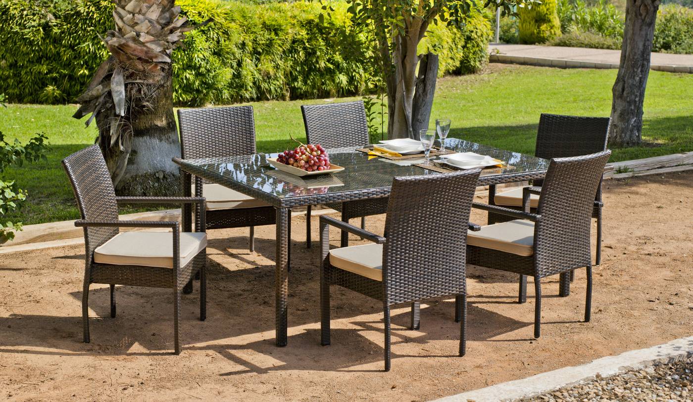 Conjunto de huitex color marrón: mesa rectangular de 150 cm. + 4 sillones apilables con cojines