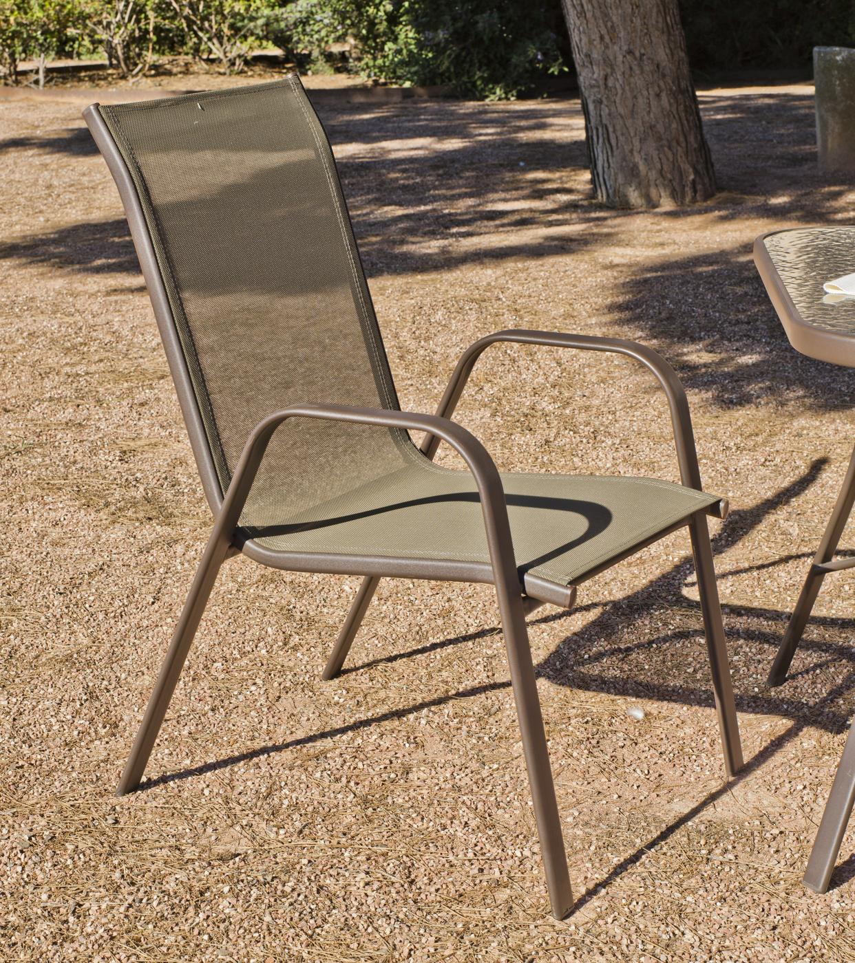 Set Acero Macao-105/4 - Conjunto para jardín de acero inoxidable: 1 mesa redonda con tablero de cristal templado + 4 sillones de acero y textilen