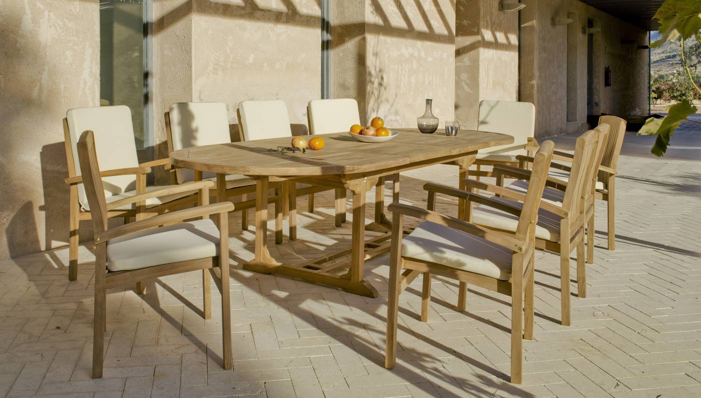 8 sillones con cojín y mesa de madera de teka, extensible de 180 cm a 300 cm