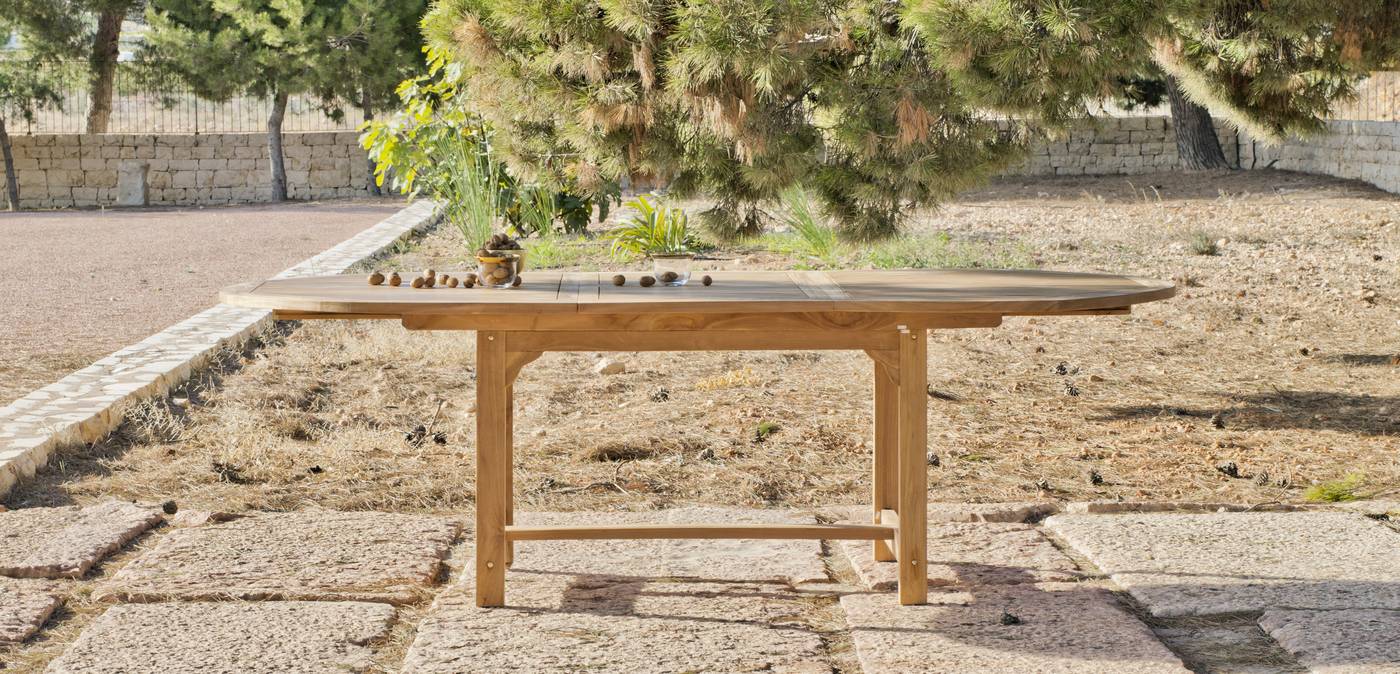Conjunto Madera Seroni/Macom 240-6 - Conjunto de madera de teka maciza: 1 mesa extensible de 180 cm a 240 cm + 6 tumbonas + 6 cojines completos
