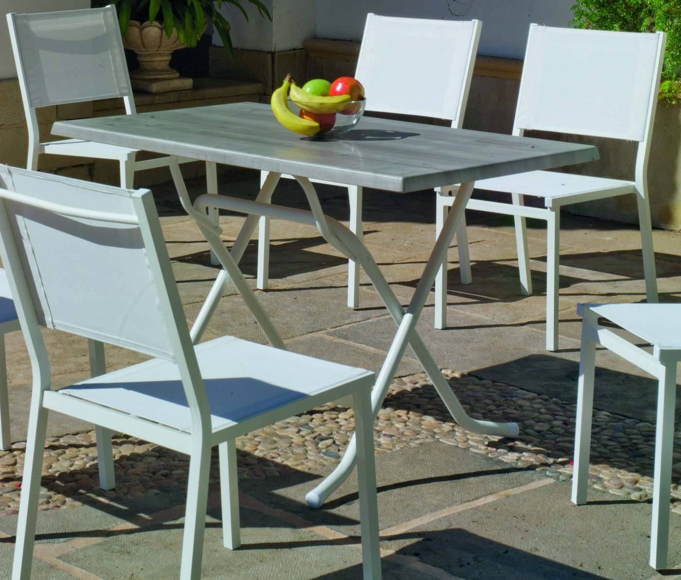 Set Aluminio Arian-Sion 120-6 - Conjunto aluminio color blanco: mesa rectangular plegable de 120 cm. con tablero de heverzaplus + 6 sillas de aluminio y textilen