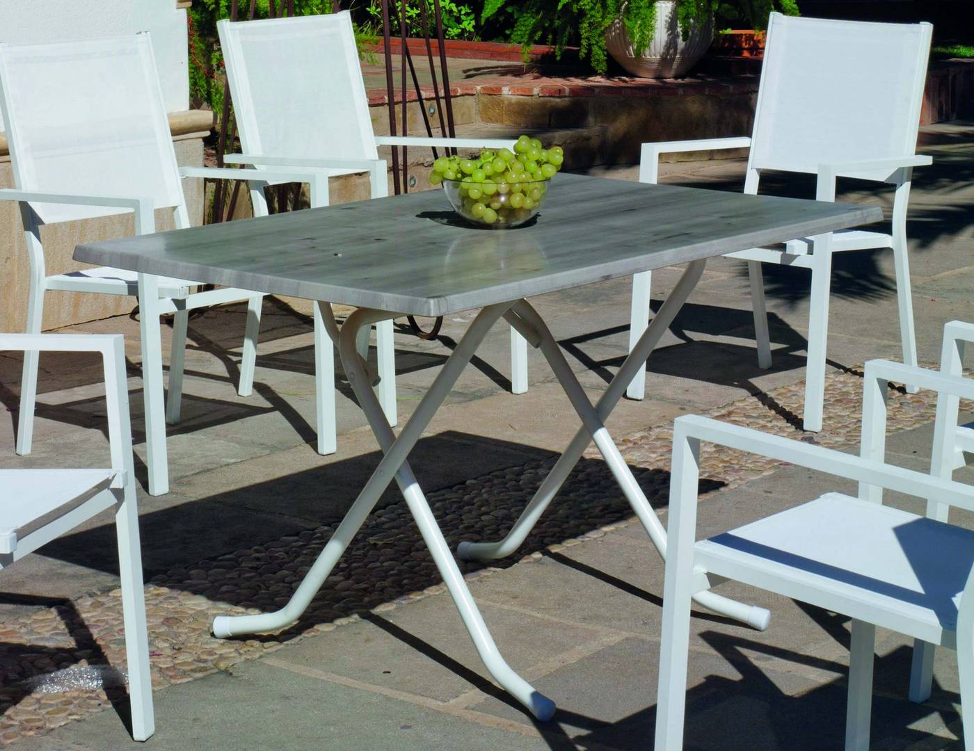 Set Aluminio Arian-Roma 140-6 - Conjunto aluminio color blanco: mesa rectangular plegable de 140 cm. con tablero de heverzaplus + 6 sillones de aluminio y textilen