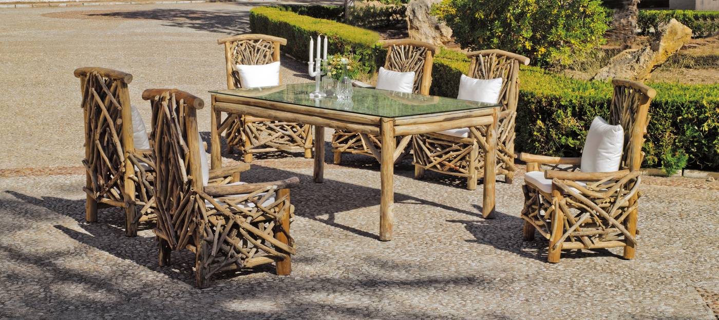 Conjunto de madera tropical para jardín: Mesa comedor 180 cm. + 6 sillones + cojines