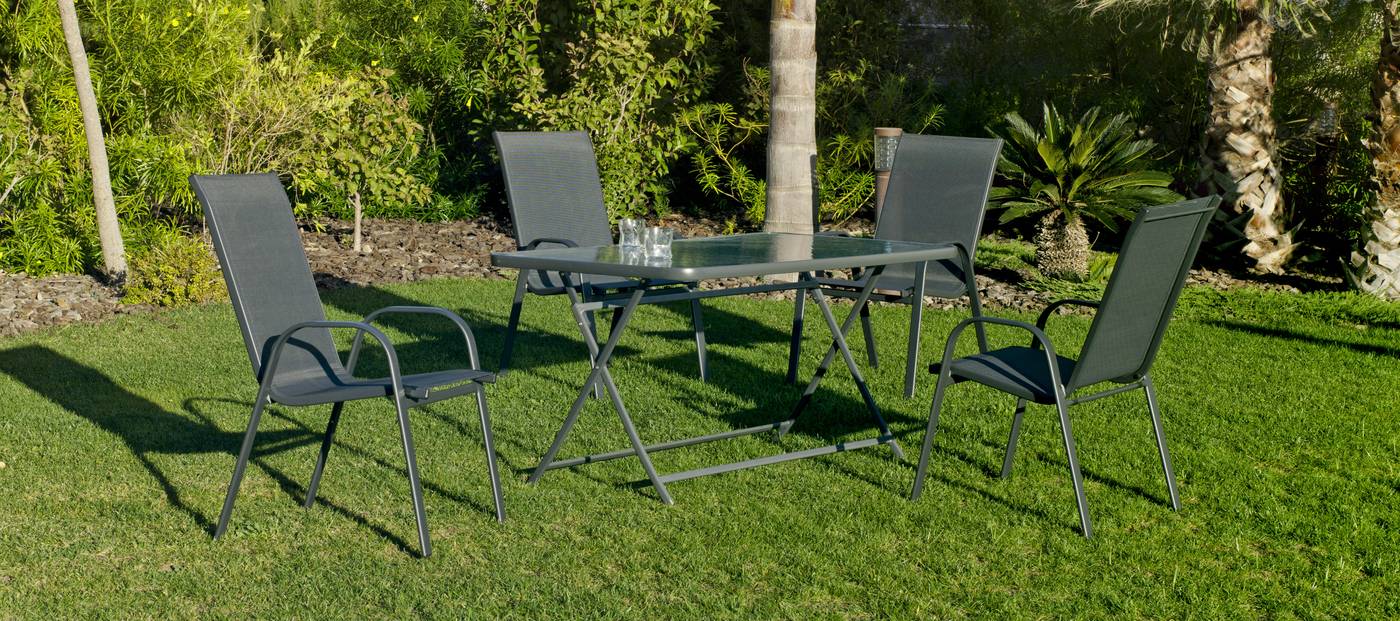 Conjunto de acero color antracita: mesa de 150 cm. Con tapa de cristal templado + 4 sillones de acero y textilen