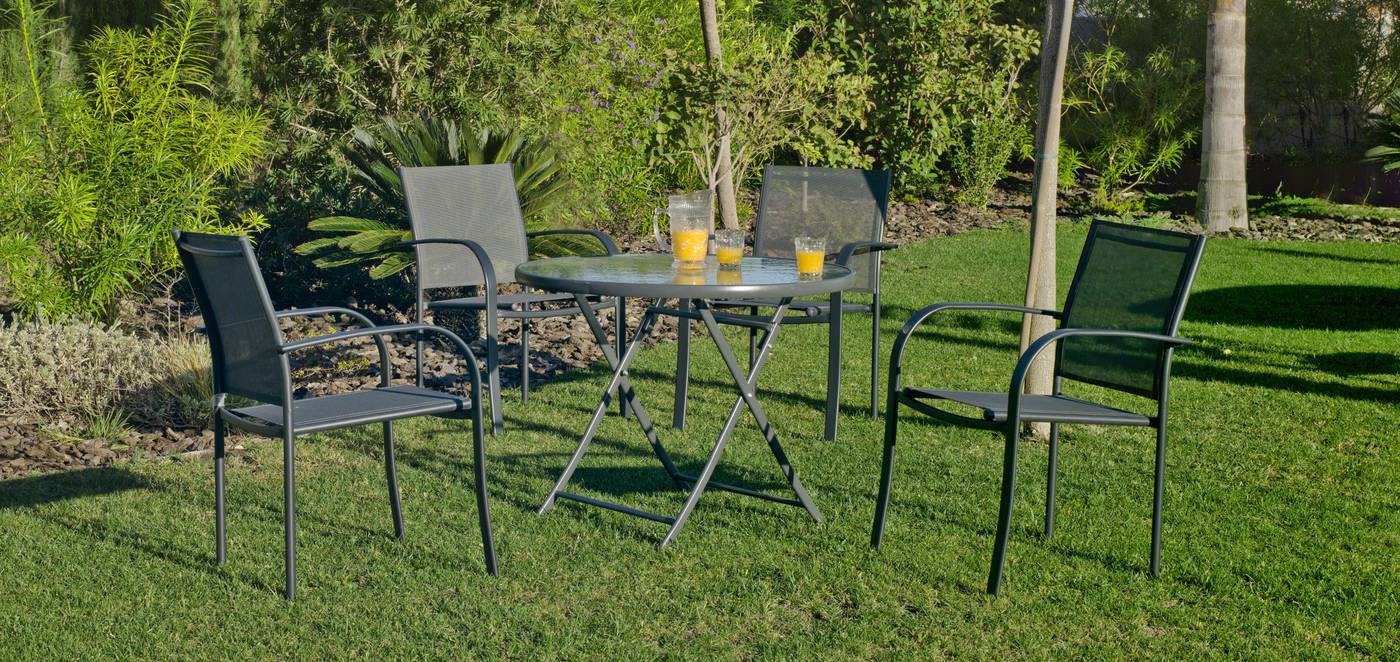 Conjunto de acero color antracita: mesa redonda de 90 cm. Con tapa de cristal templado + 4 sillones de acero y textilen