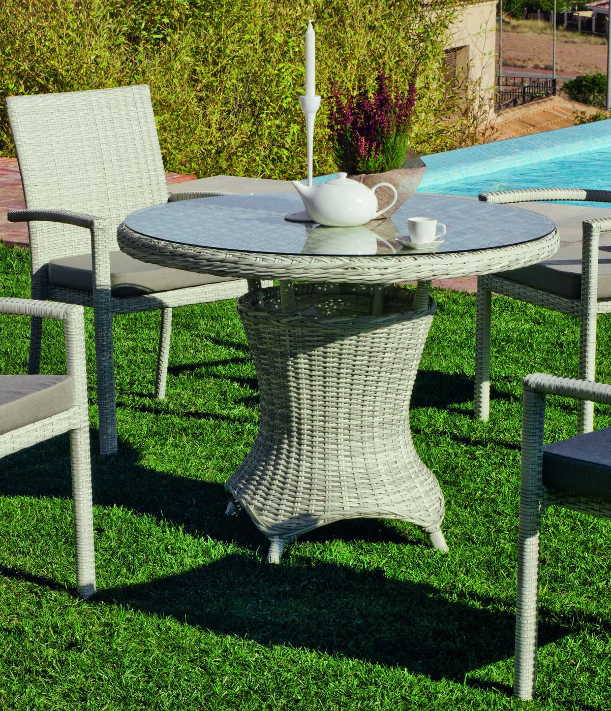 Set Médula Luxe Celebes-100/4+4C - Conjunto médula sintética lujo: 1 mesa comedor redonda 100 cm + 4 sillones con cojines asiento