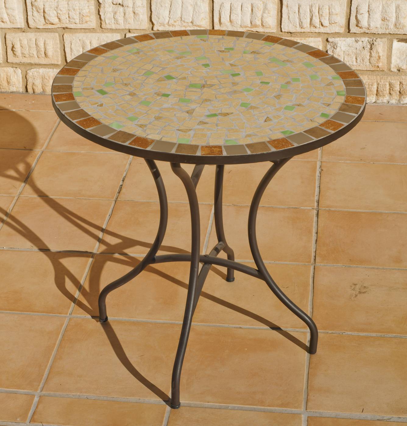 Set Mosaico Inma/Brasil-60/2 - Mesa redonda de forja color bronce, con tablero mosaico de 60 cm, + 2 sillones apilables de ratán sintético