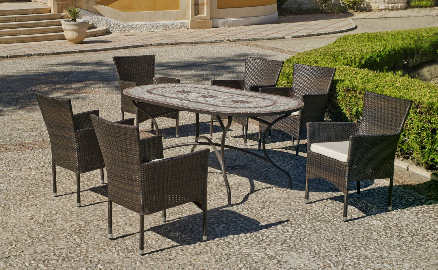 Mesa Mosaico Luana-200 - Mesa de forja para jardín, con patas reforzadas y panel de mosaico ovalado de 200 cm. Mesa válida para 8 sillones.