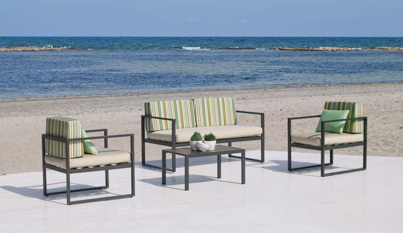 Set Aluminio Martinique-7 - Conjunto aluminio : 1 sofá de 2 plazas + 2 sillones + 1 mesa de centro + cojines. Disponible en color blanco, champagne, bronce o antracita.