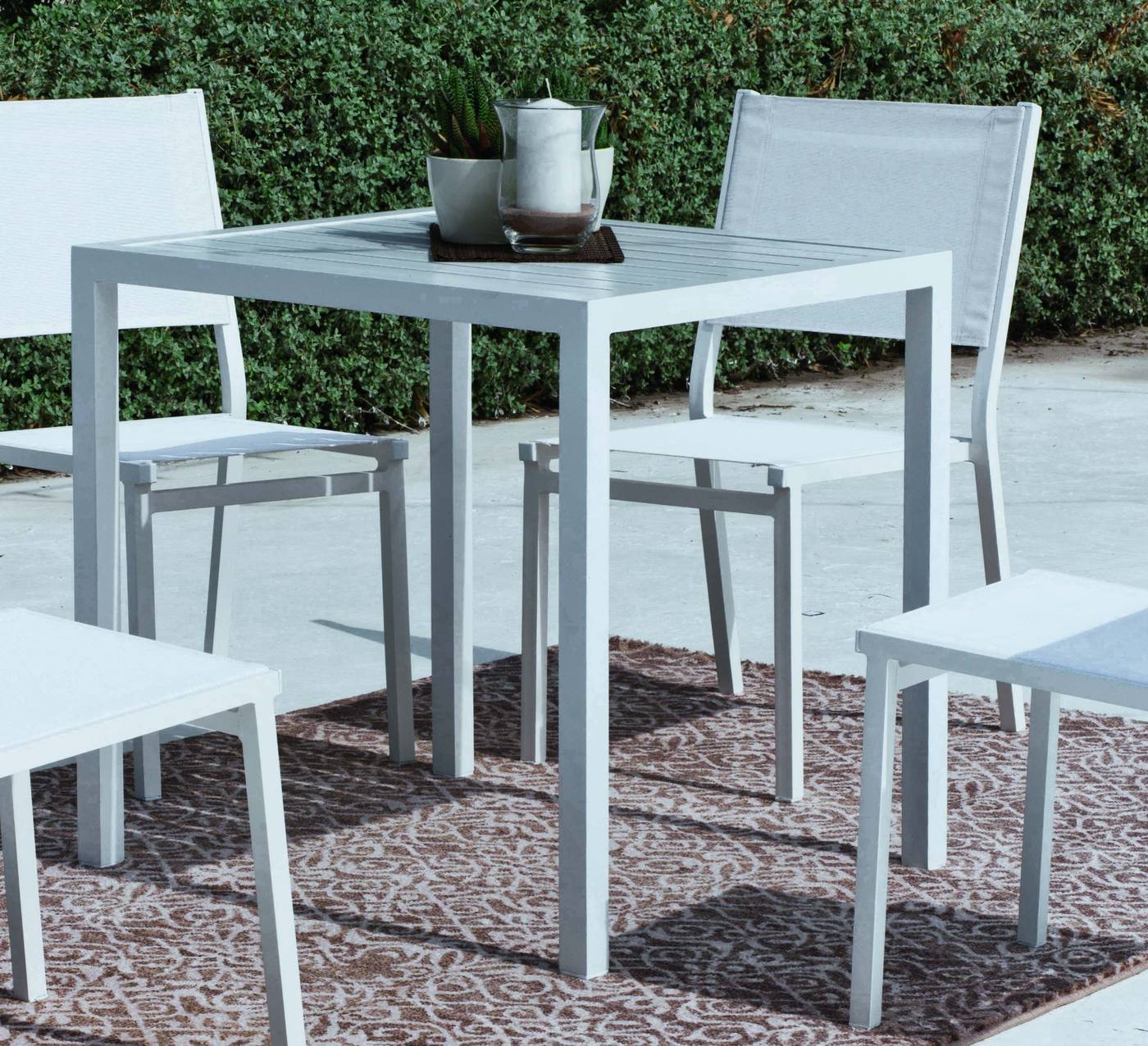 Set Aluminio Melea/Sion-80/4 - Mesa de comedor de 80cm. + 4 sillas. Disponible en color blanco, antracita, champagne, plata o marrón.