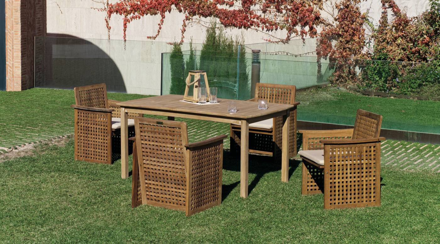 Conjunto de jardín: mesa de madera de teka de 150 cm y 4 sillones con cojín