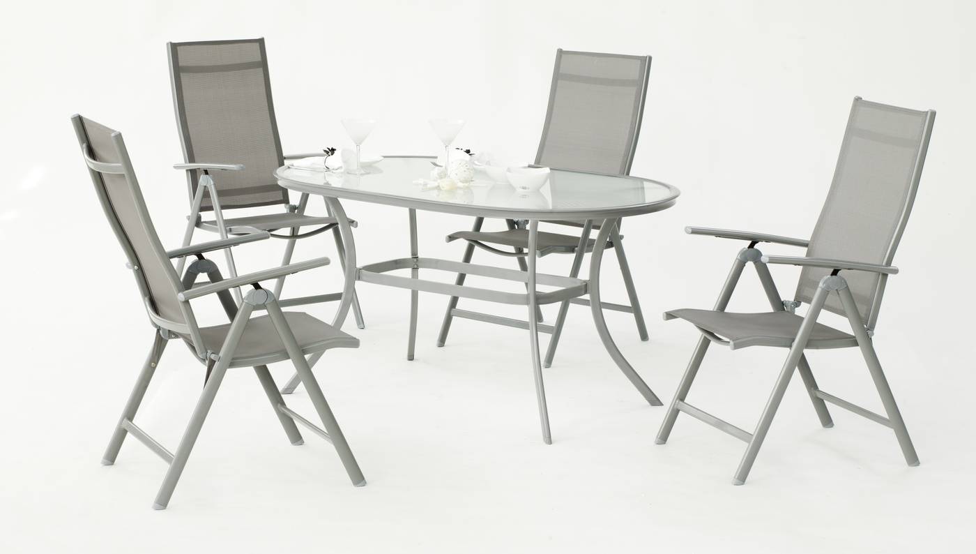 Set Aluminio Nora 4T - Conjunto aluminio color plata: mesa ovalada con tablero cristal templado y 4 tumbonas