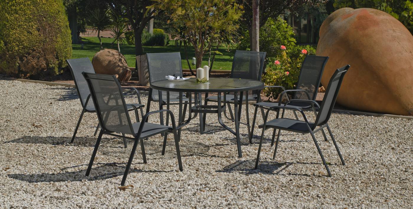 Conjunto de acero color antracita: mesa redonda de 120 cm, con tapa de cristal templado + 4 sillones apilables de acero y textilen