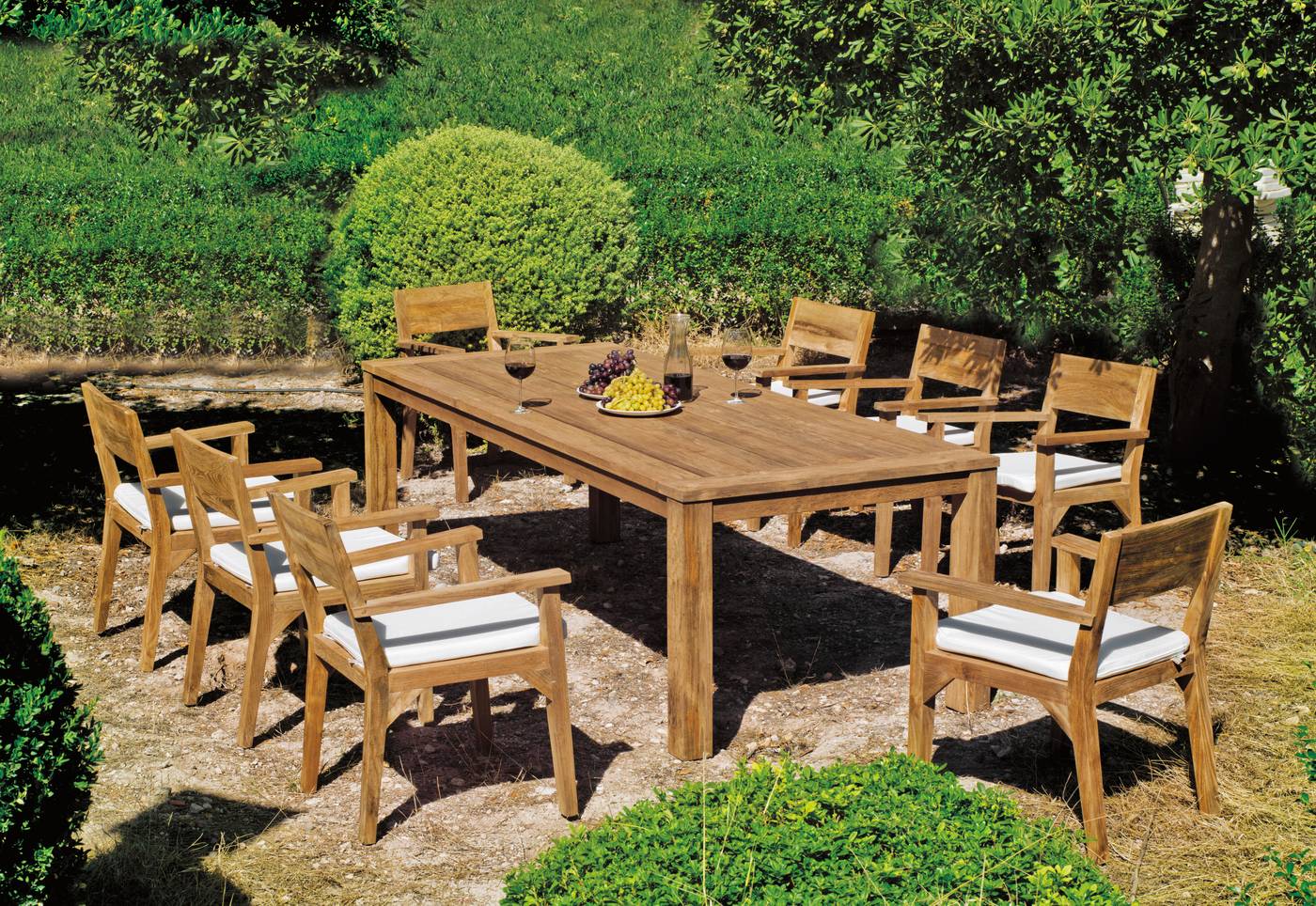 Conjunto para jardín de teka lux: 8 sillones con cojines y mesa de madera de teka de 250 cm